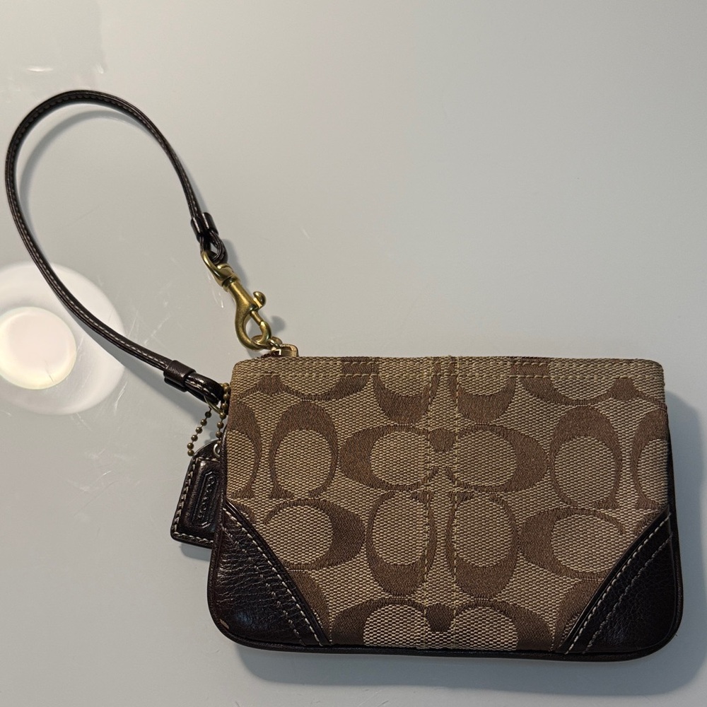 Coach Tan and Brown Signature Wristlet